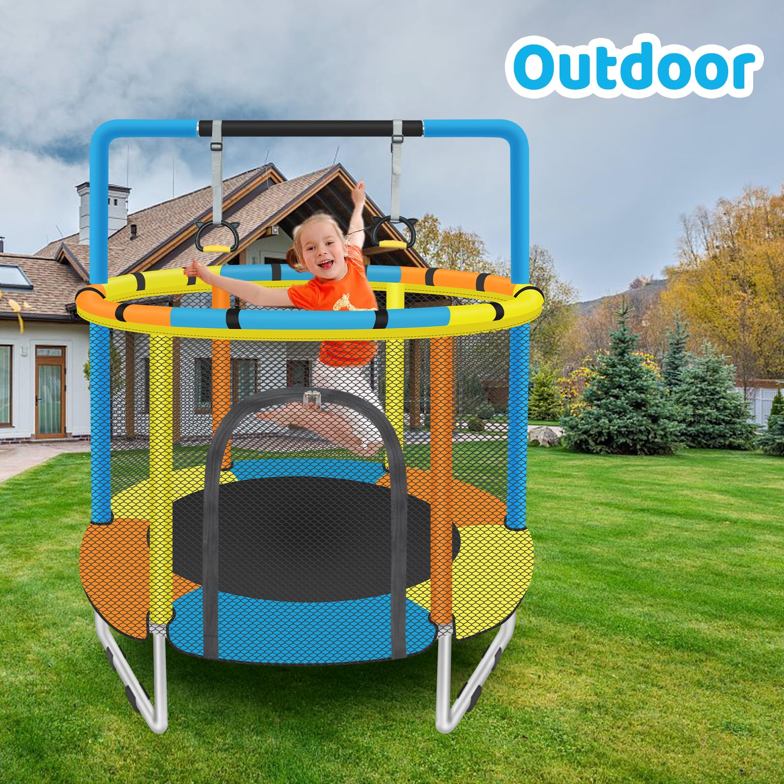 Toddler Trampoline for Kids Ages 1-8, 55'' Small Trampoline with Safety Enclosure Net & Adjustable Gymnastics Bar, Indoor & Outdoor Baby Mini Trampolines, Birthday Gifts for Children & Boys & Girls