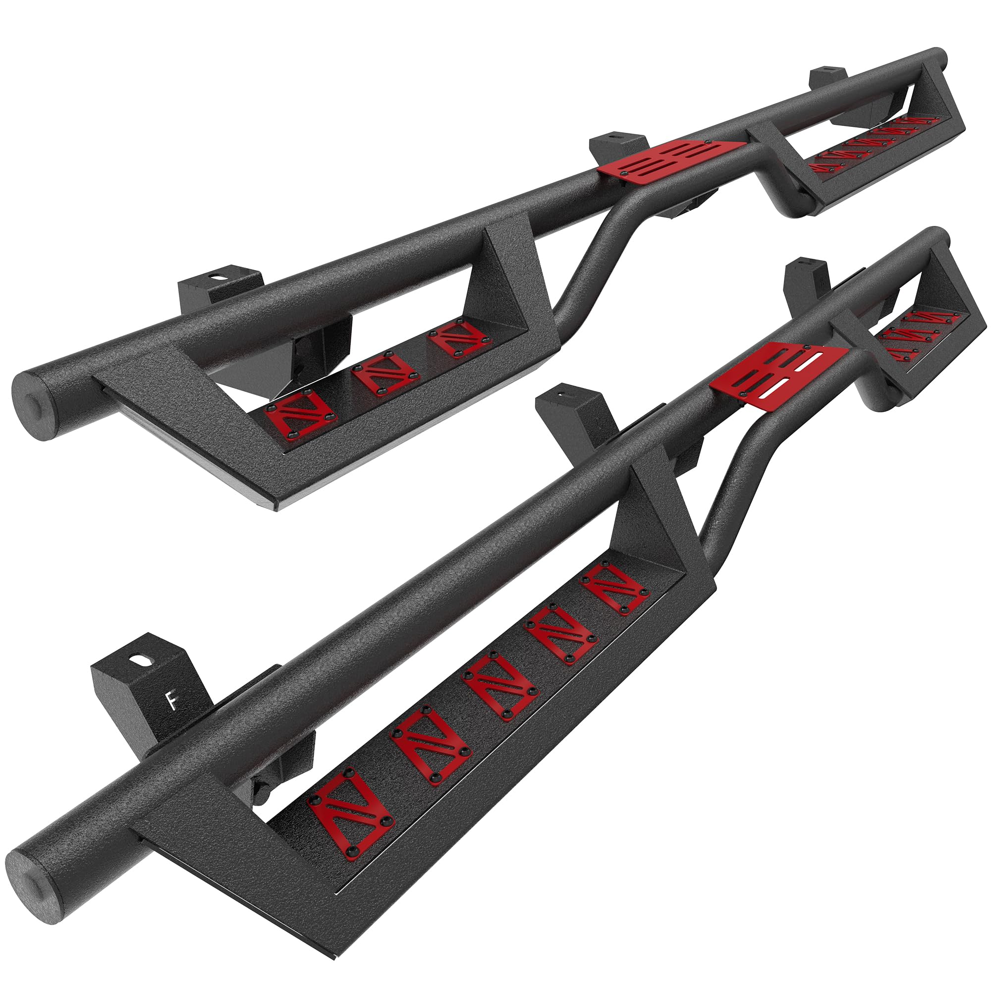 Photo 1 of Running Boards Side Steps Crew Cab Compatible with 2018-2025 Jeep Wrangler JL 4 Doors, 6 Inches Bolt-on Drop Side Steps Rails, Powder Coated Black and Painted Red