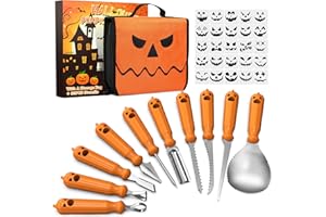 imarku Halloween Pumpkin Carving Kit, 10 PCS Professional Carving Knife with Unique Storage Bag and 25 PCS Pumpkin Carving Stencils, Stainless Carving Tools for Halloween Decorations, Home Essentials