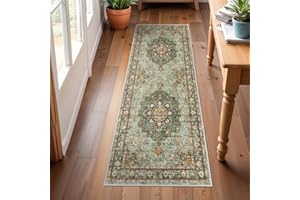 TOPRUUG Washable Oriental Hallway Runner Rug - 2x6 Rugs for Living Room Soft Carpet for Bedroom Kitchen Waterproof Floral Distressed Indoor Stain Resistant Non-Shedding Floor Carpets (Green, 2X6)