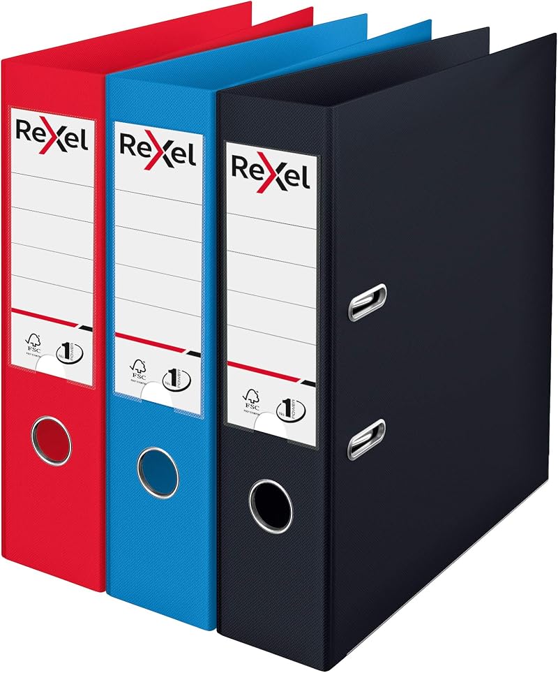 Rexel Choices A4 Lever Arch Files 3-Pack Black Red Blue Durable Plastic on Board