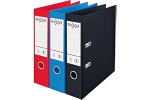 Rexel Choices A4 Lever Arch Files, 3-Pack Assorted Colors (Black, Red, Blue), Durable Plastic on Board, Patented No.1 Locking Mechanism, Replaceable Spine Labels, Ring Binder, Office File Organizer