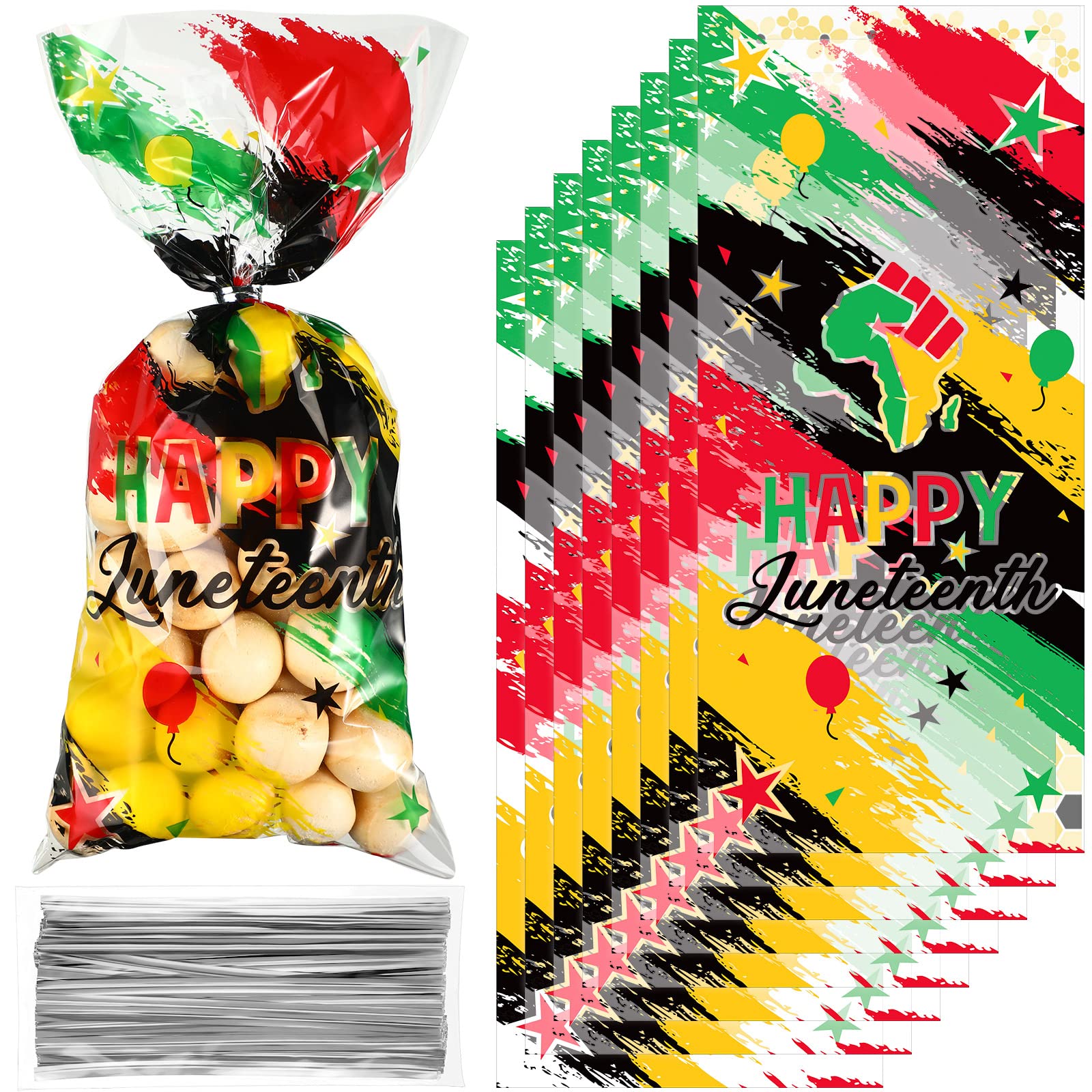 Photo 1 of 100 Pcs Juneteenth Party Cellophane Treat Bags Red Yellow Green Black Plastic Goody Gift Candy Bags with Silver Twist Ties for African Afro American Festival Celebration Happy Juneteenth Jamboree