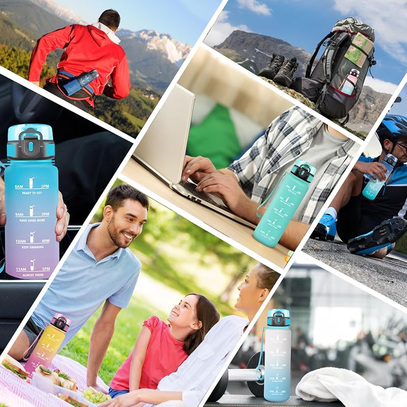 Borraccia Palestra 1 litro, Senza Perdite, Borraccia Motivazionale, Facile da Trasportare, con Orari per Bere, Facile da Pulire, per Campeggio, Fitness, Scuola, Yoga