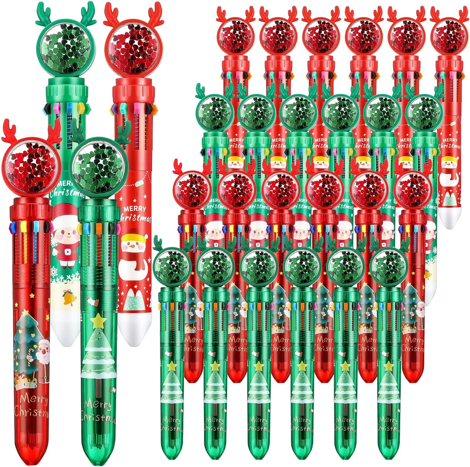 LATERN 24Pcs Christmas Ballpoint Pens, 10-in-1 Multicolor Retractable Shuttle Pen 16CM Christmas Tree Snowman Santa Claus Rollerball Pens for Xmas Stocking Box Fillers Party Favors (4 Styles)