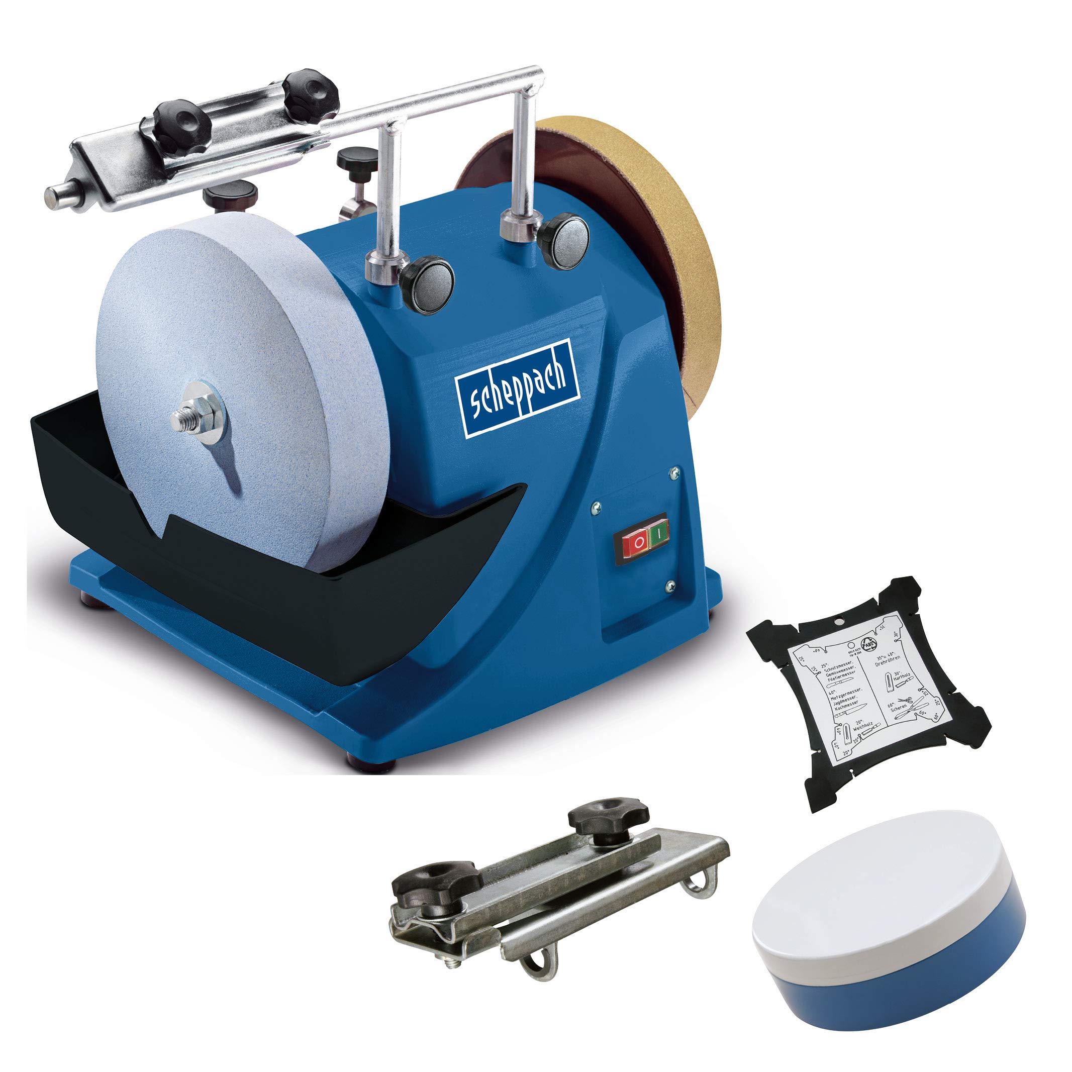 Scheppach Affûteuse À Eau Tiger2000S| Moteur À Induction 120W | Meule En Corindon Supérieur Ø200Mm | Dispositif Pour Outils Standard Droits | Pâte À Poncer | Disque À Poncer | Gabarit D'Angle