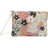 QTKJ Clutch Purses for Women, Straw Bag, Bohemian Handmade Sequin Embroidered Flowers Envelope Package, Leather wristbands, Beach Handbags for Vacation, Travel, Banquet(Silver Flower)