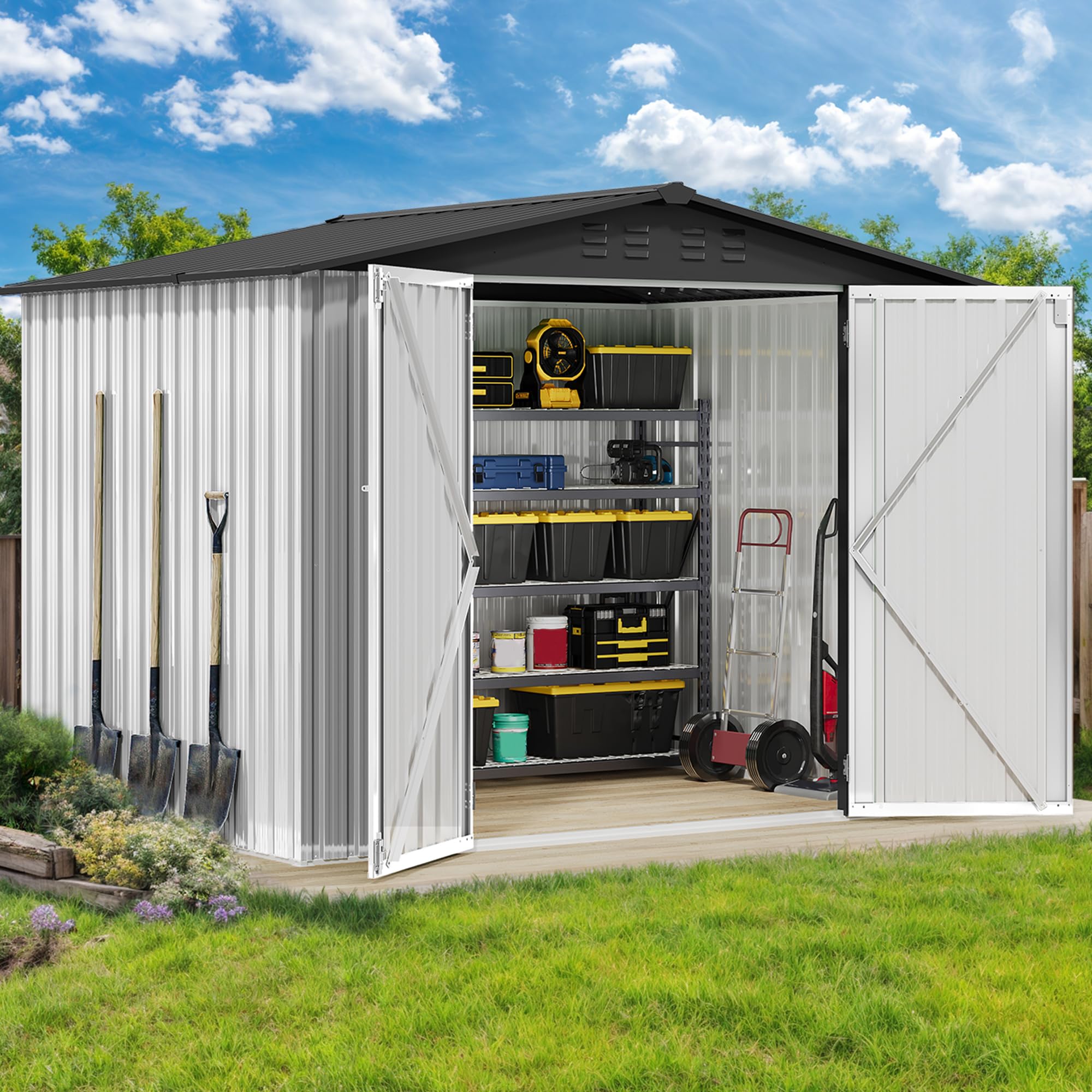Photo 1 of *PARTIAL SET**DWVO 8x6FT Outdoor Storage Shelter, Roomy Steel Tool Shed with Secure Entrances & Air Circulation for Patio, Lawn, and Backyard, Ideal for Storing Garden Gear, Lawn Tools, and Bikes, White