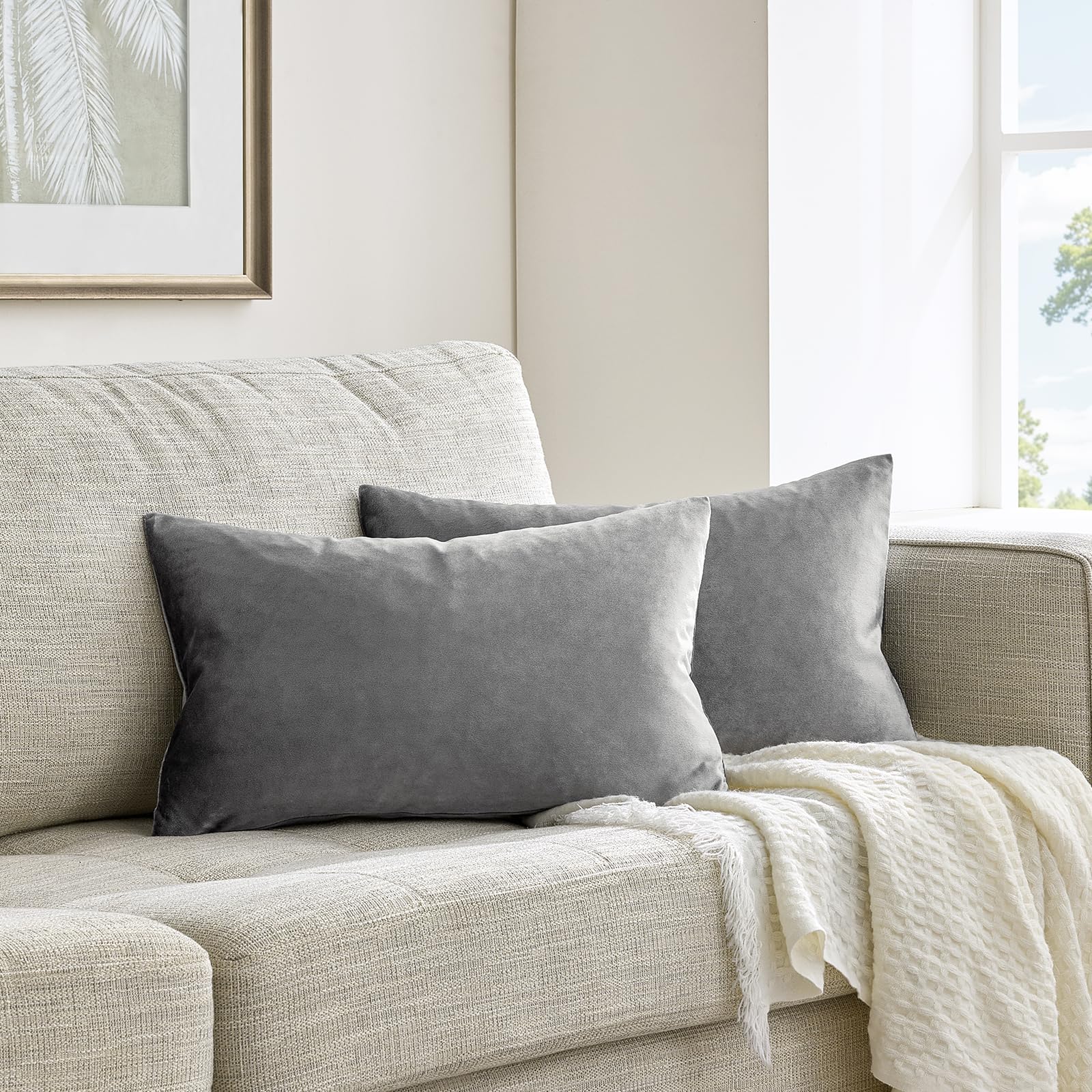 GIGIZAZA Velvet Grey Cushion Covers 12 x 20 Inch Small Square Decorative Throw Pillowcases 30 x 50cm for Sofa Bedroom Living room 2 pack