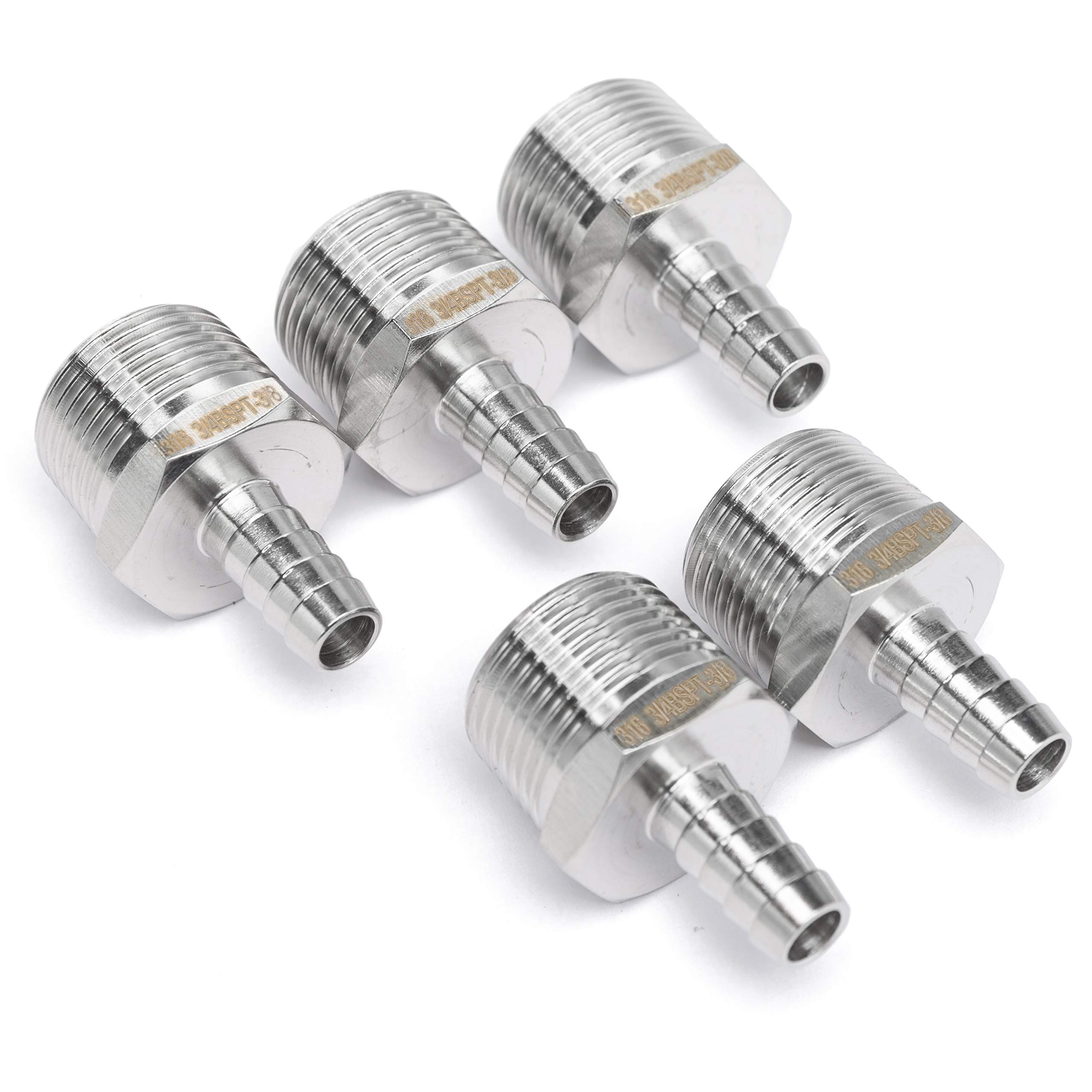 LTWFITTING Stainless Steel 316 Barbed Fitting Connector 3/4-Inch Male BSPT x 3/8-Inch(10mm) Hose Barb Fuel Gas (Pack of 5)