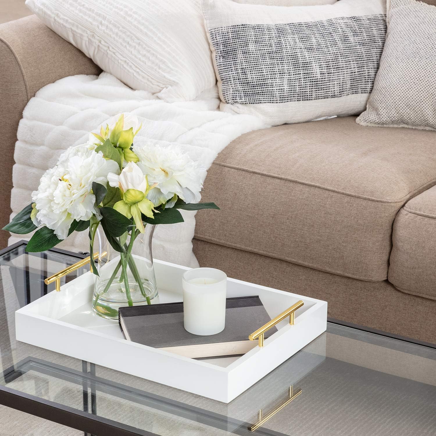 White Serving Tray with Handles in Gold - 2 White Wood Coasters - 15.75''x12.2'' - Wooden Decorative Coffee Table Tray - Matte Finish - Ottoman Tray Decor - Decorative Trays for Coffee Table: Kitchen & Dining