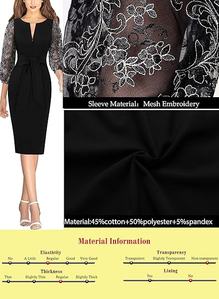 VFSHOW WOMENS BLACK FLORAL EMBROIDERY COCKTAIL EVENING BISHOP SLEEVE TIE WAIST SLIM FRONT ZIPPER PARTY BODYCON PENCIL SHEATH DRESS 8680 BLK S