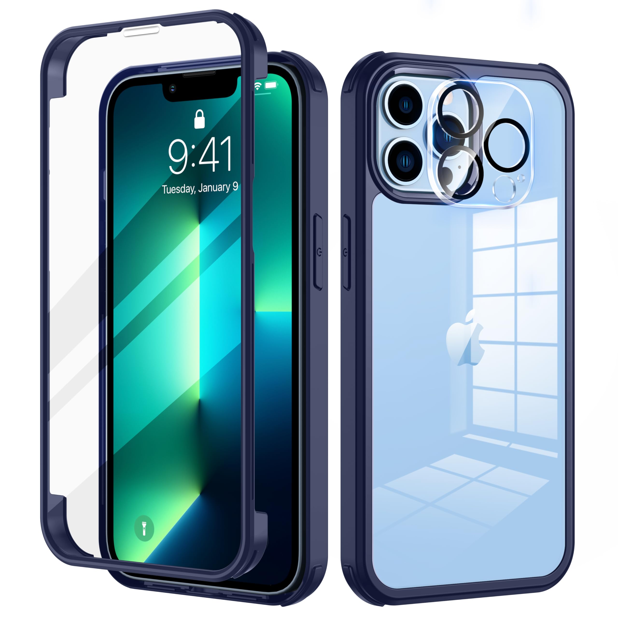 seacosmo for iPhone 13 Pro Case, Full-Body Shockproof Case with Built-in Glass Screen Protector and Camera Lens Protector Rubber Bumper Case Cover for iPhone 13 Pro - Blue/Clear