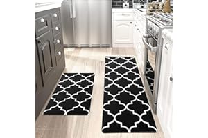 Tititex Boho Black Kitchen Rug Sets [2 PCS] Cushioned Anti-Fatigue, Waterproof Non-Slip Kitchen Mats Heavy Duty PVC Ergonomic Comfort Foam Rug for Kitchen, Floor Home, Office, Sink, Laundry
