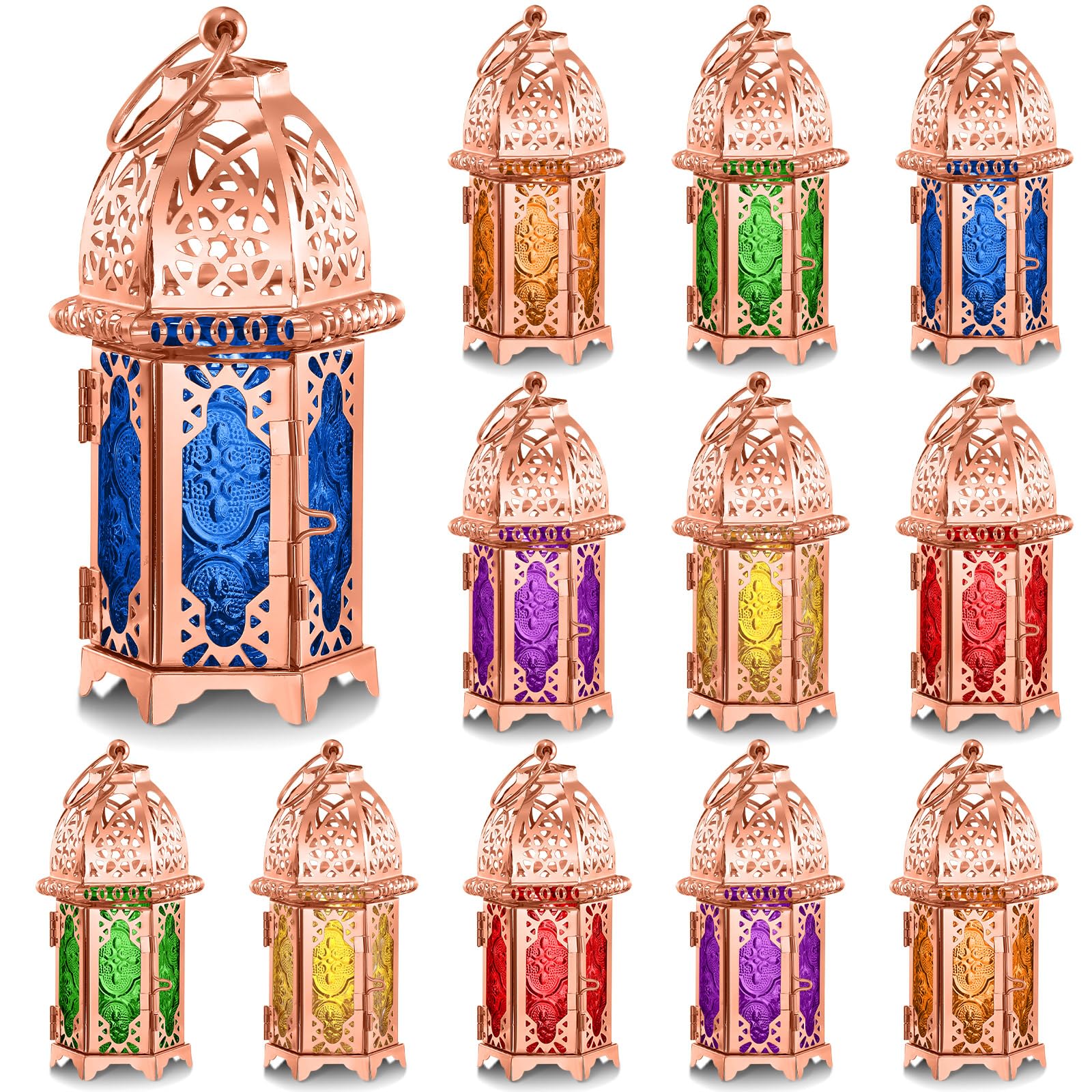Photo 1 of Mumufy 12 Pcs Ramadan Lantern Ramadan Decorations for Home Gold Moroccan Lamp Decor Vintage Lanterns Decorative Eid Mubarak Hanging Candle Lantern for Eid Party Decor (Rose Gold)