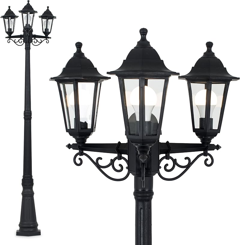 MiniSun Traditional Victorian 2.2m Black 3 Way Outdoor Lamp Post Light