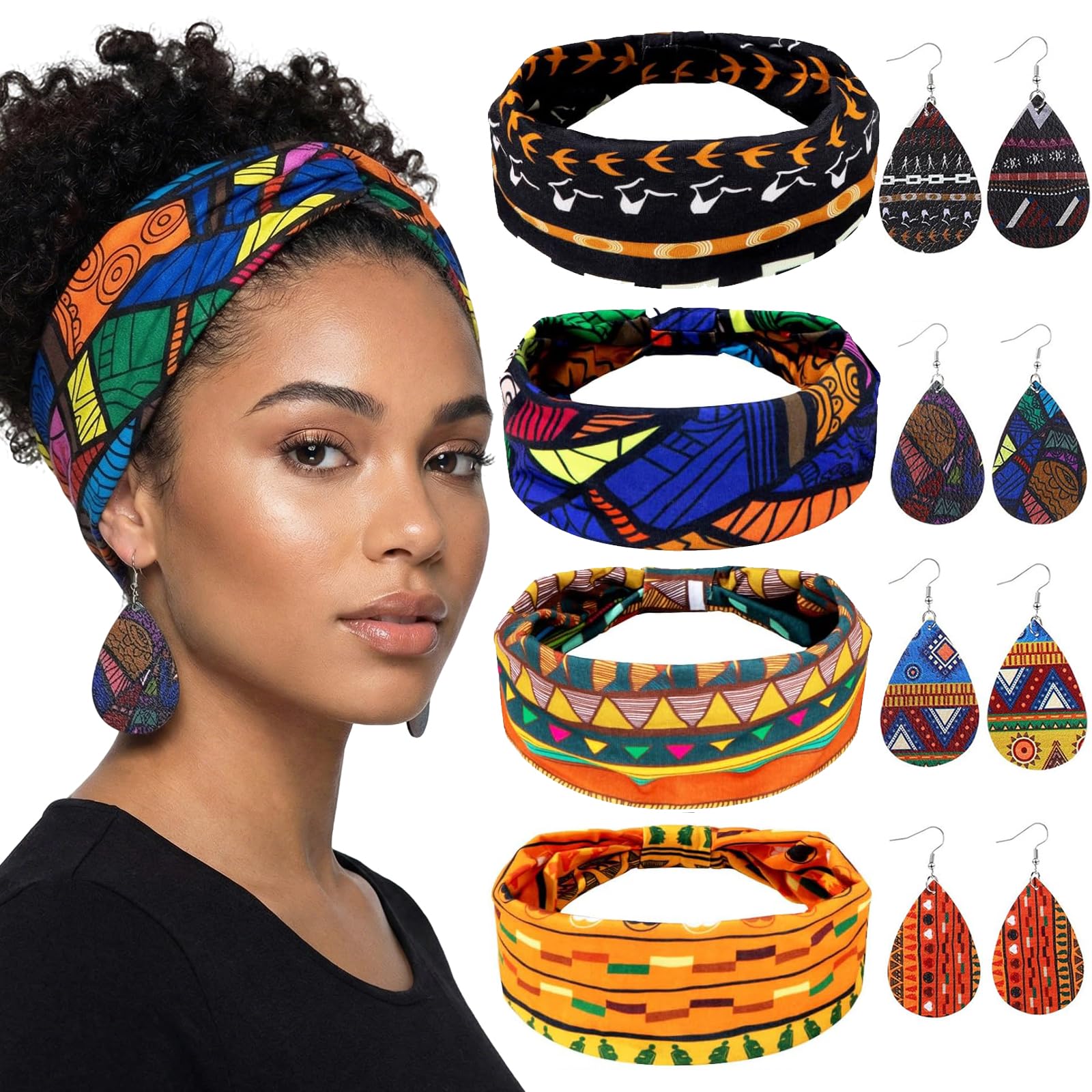 Photo 1 of **PARTIAL SET MISSINFG ALL EARRINGS** WTYPOPK African Head Wraps for Black Women - 4 Pairs Lightweight Teardrop Leather African Earrings & 4 Pieces Non-Slip Stretchy Boho Headbands, Bright Print African Headpiece for Daily Wear