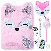 WIEWUSCH Gifts for 6 7 8 9 Year Old Girls, Diary with Lock for Girls - Journal Kit for Girls with Bookmarks Sticky Notes Pom Pom Pen Fuzzy Notebook (Fox Diary,Pink)