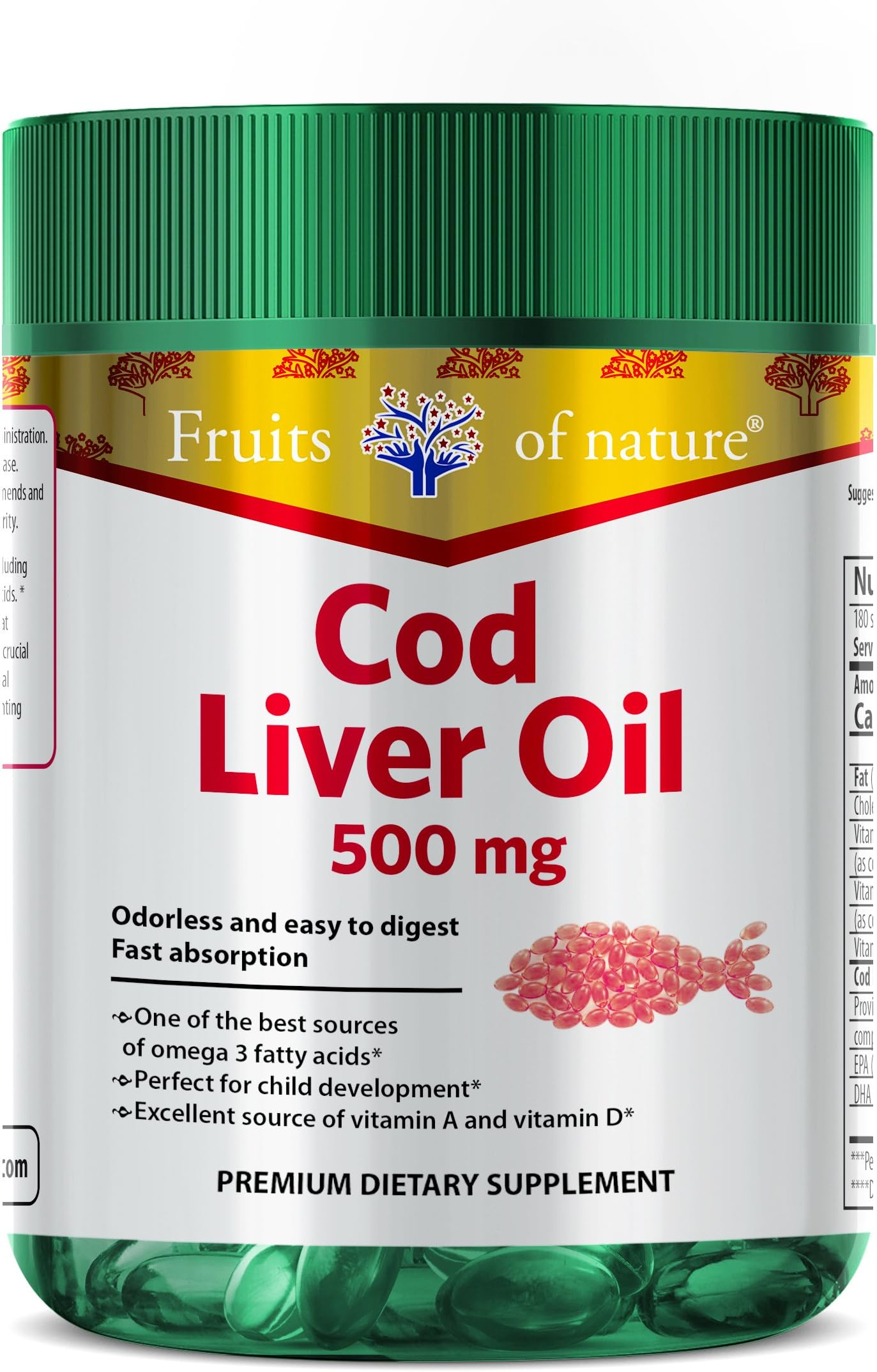 Cod Liver Oil Capsules 500 mg - Burpless, Non After Taste, Vitamin A y D Added, Quick Release softgels, Epa + DHA - Premium Dietary Supplement -by Fruits of Nature.