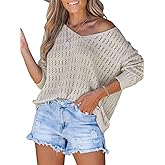CUPSHE Women's Crochet Sweater Hollow Out Pullover Top Long Sleeve Lightweight Loose Knit Cover Up V Neck Boho Tops