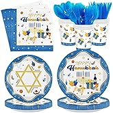 Hanukkah Plates and Napkins Set, Blue Gold Jewish Chanukah Party Supplies for 24 Guests, Menorah Star Paper Plates, Napkins, Cups, Cutlery for Hanukkah Decorations