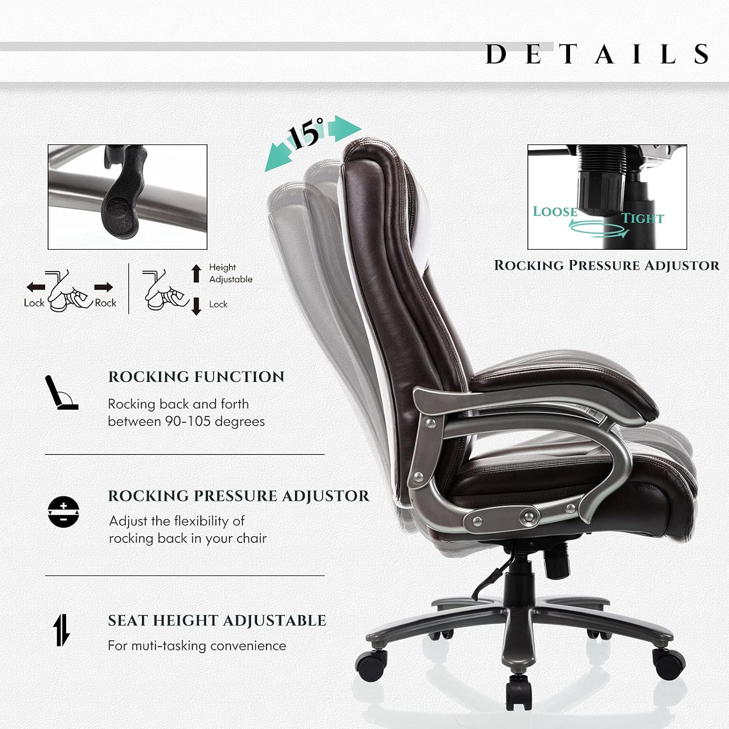 400lb Big & Tall Office Chair - High Back Bonded Leather Executive Managerial Chair, Heavy Duty Metal Base Adjustable Height Thick Padded Seat Ergonomic Design Large Computer Swivel Task Desk Chair: Kitchen & Dining