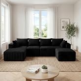118" Modular Sectional Sofa with Chaise&amp;Ottoman,Oversized U-Shaped Corduroy Cloud Couch, Deep Seat Boneless Couch for Living Room, No-Assembly,Black(Left Facing Chaise)