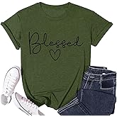 Blessed T-Shirt for Women Cute Heart Graphic Letter Print Sayings Shirts Casual Short Sleeve Thankful Tee Tops
