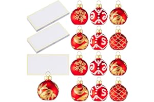 Nitial 12 Pcs Christmas Ornament Place Card Holders with Name Cards for Table Setting Red Gold Glass Ornaments Table Number Name Card Holders for Xmas Party Wedding Anniversary Birthday, 1.57 Inch