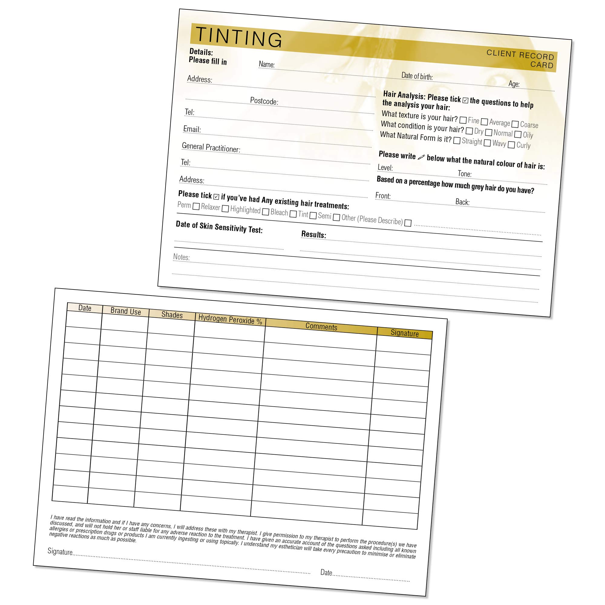 Hair Tinting Client Record Card - Treatment Consultation Form for Mobile Therapists & Salons A6 Pack of 50 - Landscape