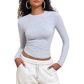 kayamiya Women's Basic Long Sleeve Cotton Shirts Tight Fit Fall Crewneck Trendy Y2K Crop Tops