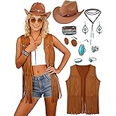 WooHand Cowgirl Outfits for Women Western Outfit Fringe Vest Cowboy Chic Cowboy Hat for Halloween Country 70s Hippie Cosplay