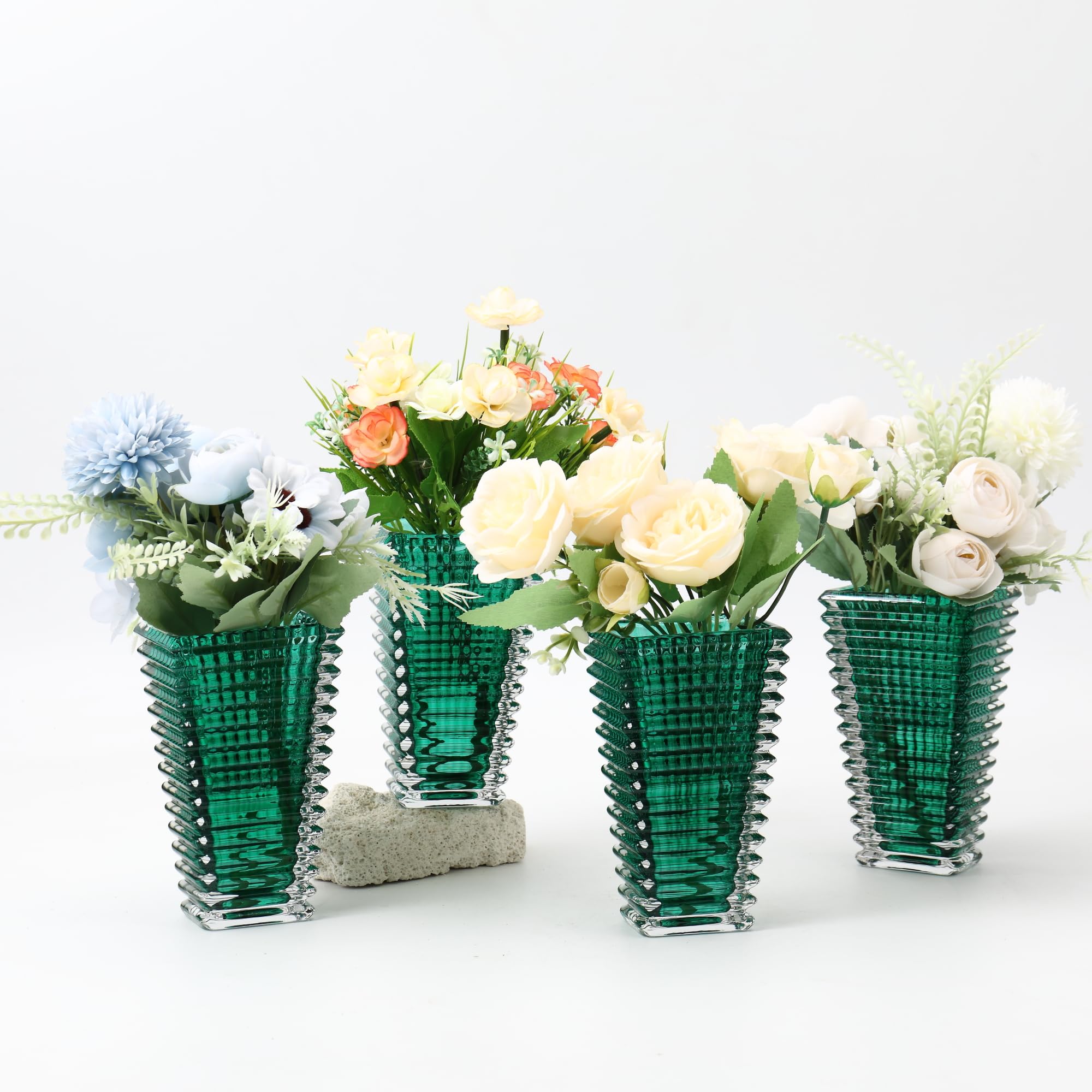 Photo 1 of MCMCNCUIU Crystal Vases Set of 4, Green Glass Vases, Crystal Vase for Centerpieces, Modern Flower Vase for Living Room, Bedroom, Kitchen, Dining Table, Shelf, Wedding, 6 Inches