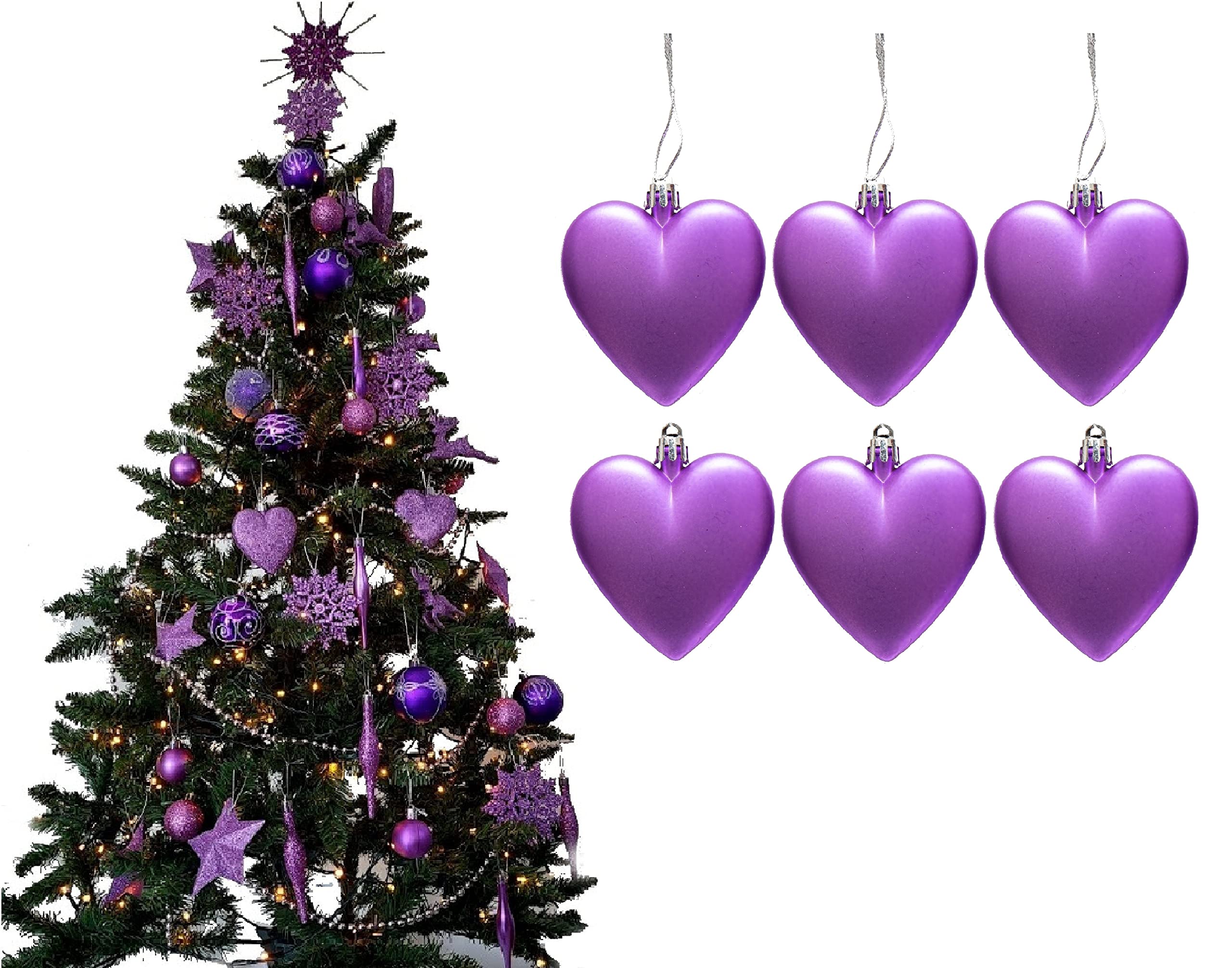6pc Large Heart Xmas Baubles (Matte) - Great Christmas Tree Decorations, Heart Baubles (Lilac)