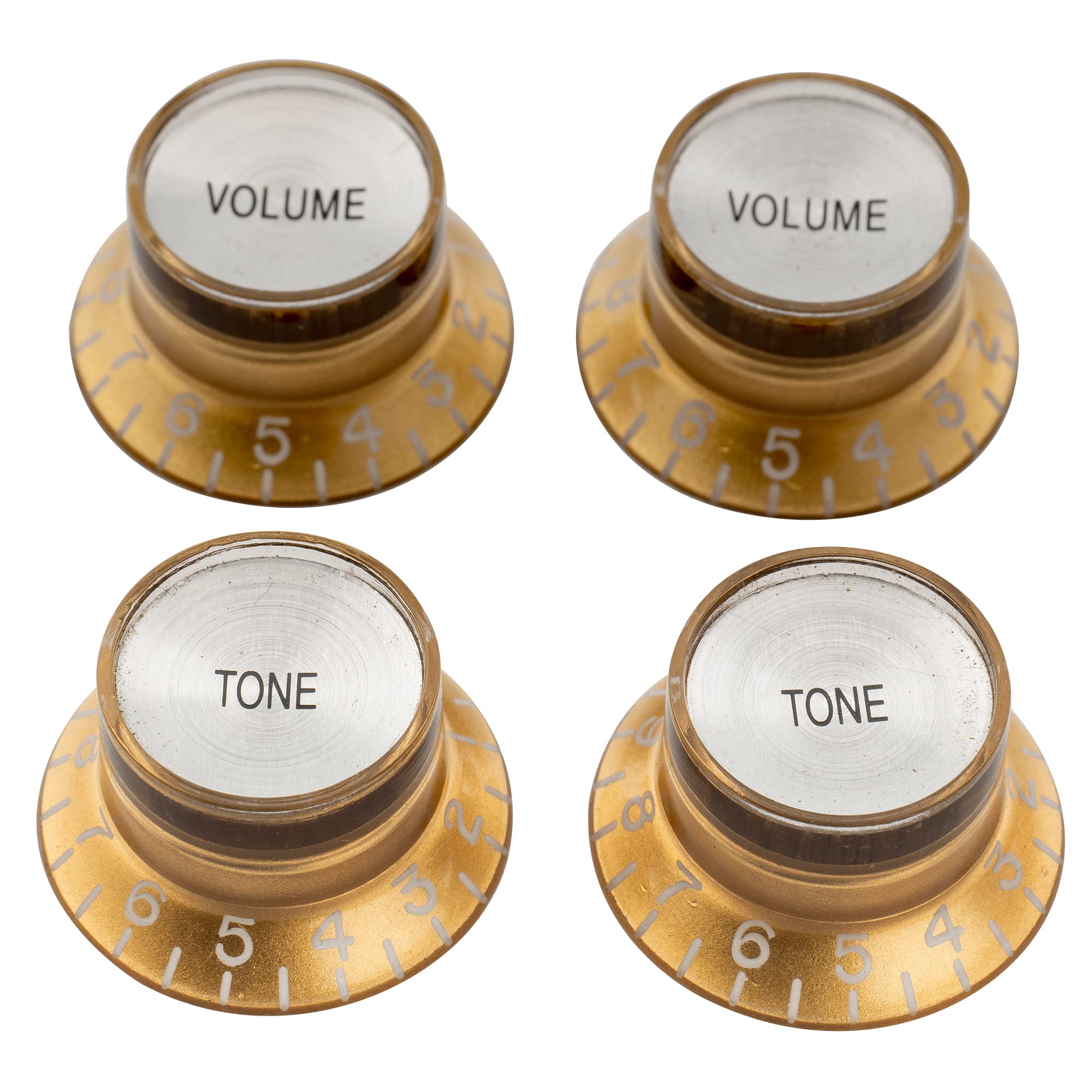 Musiclily Pro Left Handed Metric Size Guitar Top Hat Bell 2 Volume 2 Tone Reflector Knobs Set Compatible with Epiphone Les Paul SG Style, Gold with Silver Top