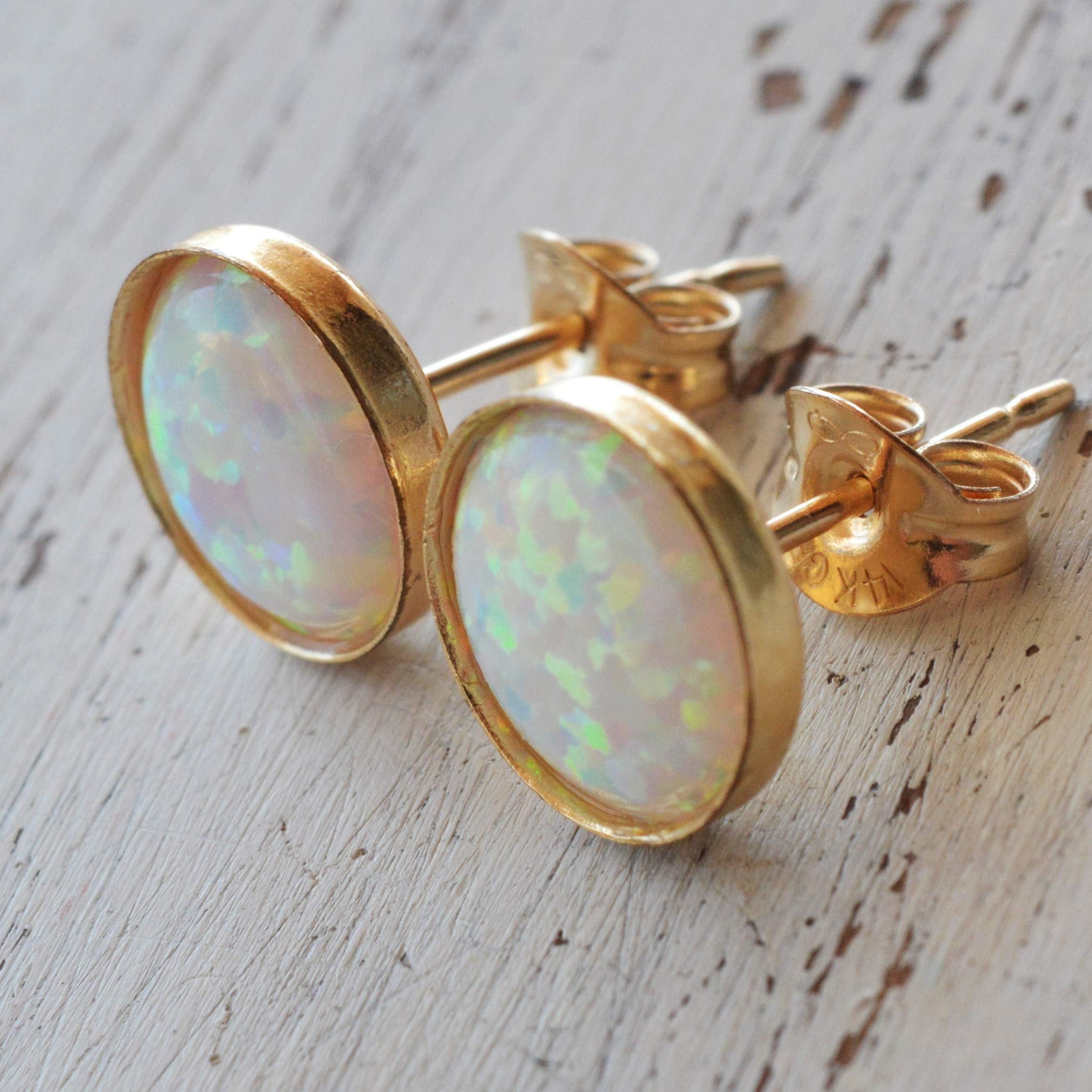 AVNISWhite Opal Stud Earrings 6mm Round Gold Filled Stud Earrings White Opal Tiny Studs
