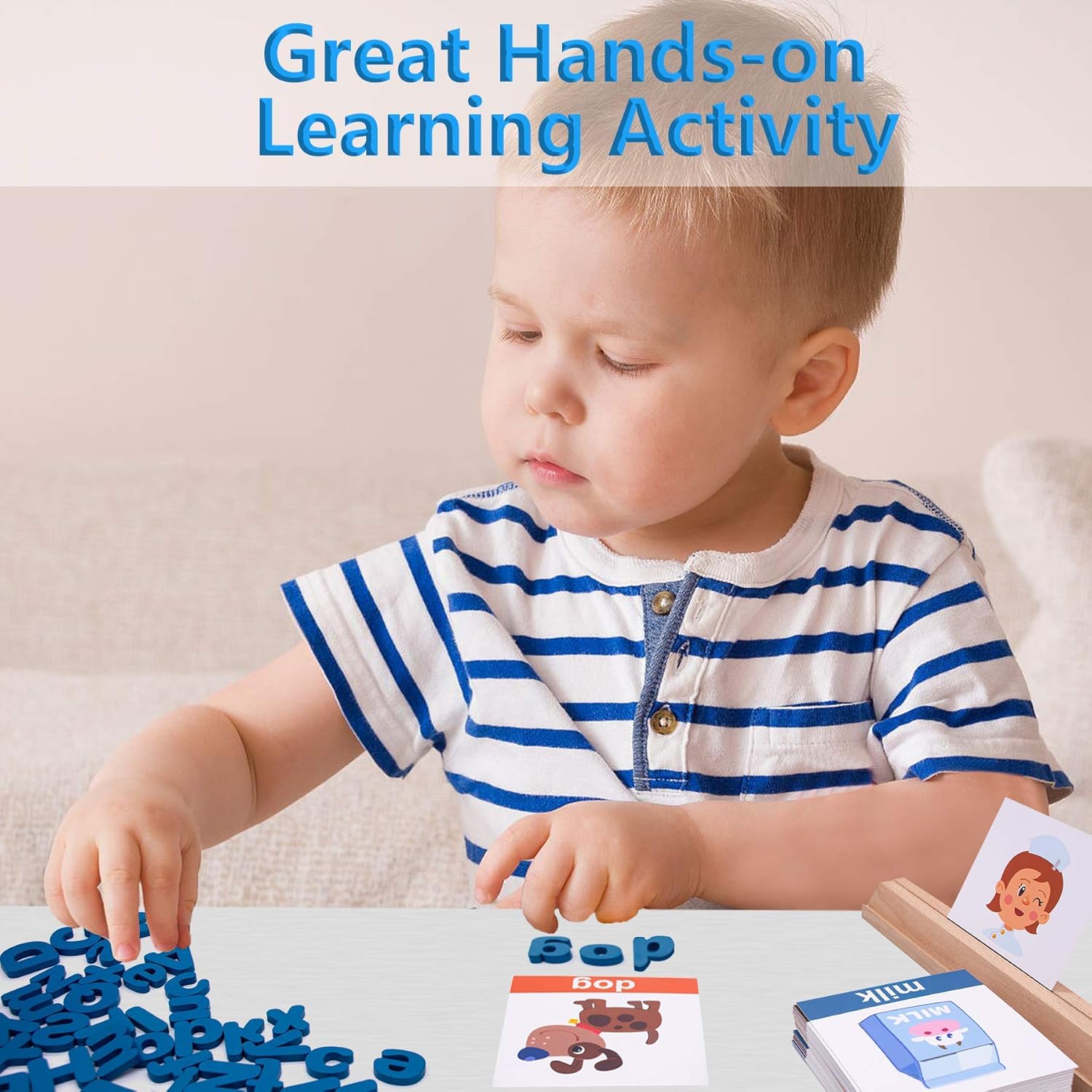 Conzy Educational Toys Gifts for Kids 3 4 5-7 Year Old, Preschool Toy for Learning Spelling Activities, Montessori Toys for Toddlers Boys Girls (78 Wooden Letters, 50 Picture Word Cards)
