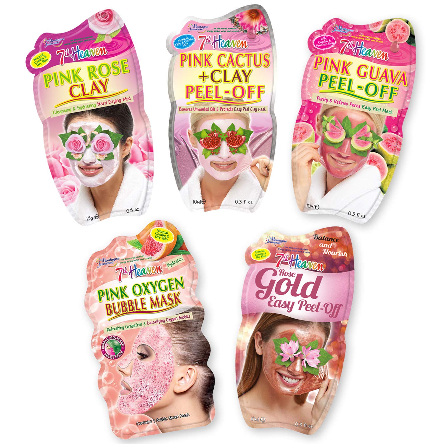 7th Heaven Pretty in Pink Face Mask Bundle Pink Rose Clay Pink Cactus and Clay Peel-Off Pink Guava Peel-Off Pink Oxygen Bubble Mask Rose Gold Easy Peel-Off1, 0.07 Kg
