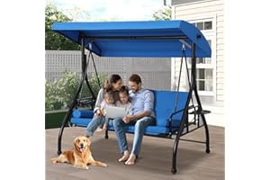 TOBYUL 3 Seat Outdoor Porch Swings with Adjustable Canopy - Patio Porch Swing Glider Bench with Stand, Heavy Duty Swing Bed W/Cushions Pillows and Cup Holder for Backyard Garden Lawn Poolside (Blue)