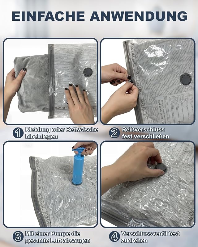 Vakuumbeutel für Kleidung, 4er-Set Vakuumbeutel (4 * 50x40cm), Vacuum Bags for Clothing mit Handpumpe für Reisen, Umzüge, Aufbewahrung