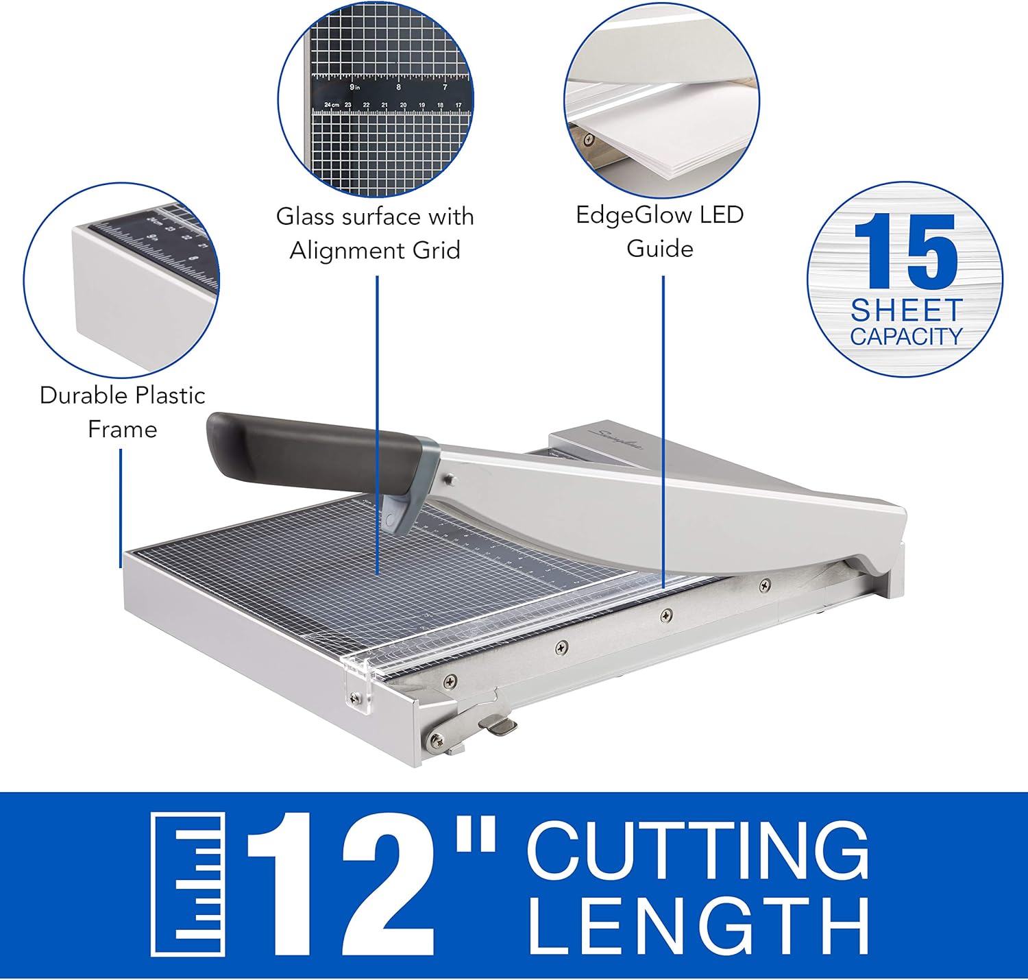 Swingline Paper Cutter, Guillotine Trimmer with EdgeGlow LED Cut Guide and Tempered Glass Surface, 12" Cut Length, 15 Sheet Capacity, ClassicCut 1215G (G7010003) : Office Products