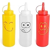 New Star Foodservice 28560 Smile Face Squeeze Bottle Set, 12 oz, Yellow Transparent and Red