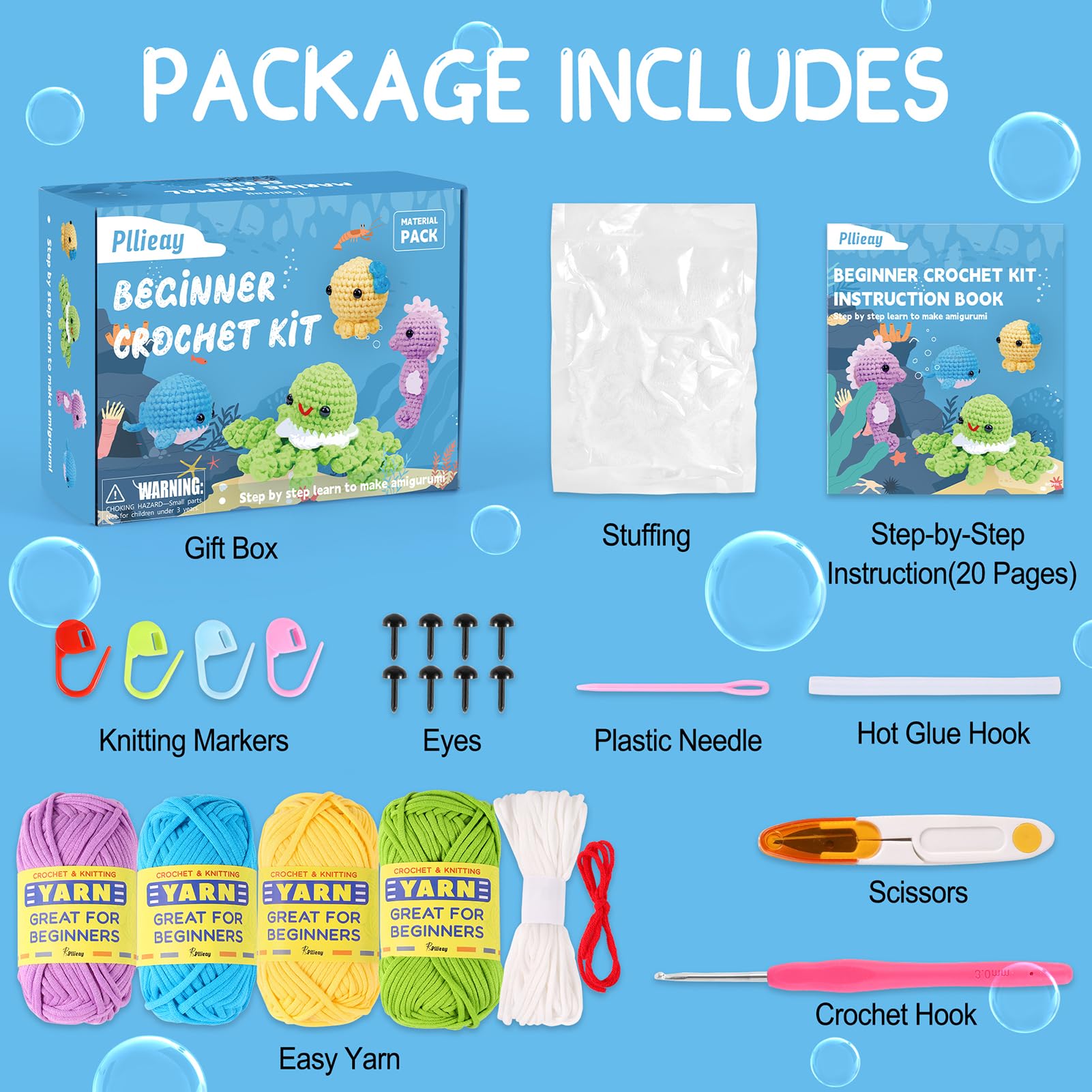 Pllieay Crochet Kit for Beginners, Beginner Crochet Kit for Adults & Kids with Step-by-Step Video Tutorials, Knitting Kit, 4 Pattern Crochet Animal Kit - Whale, Jellyfish, Sea Horse and Octopus