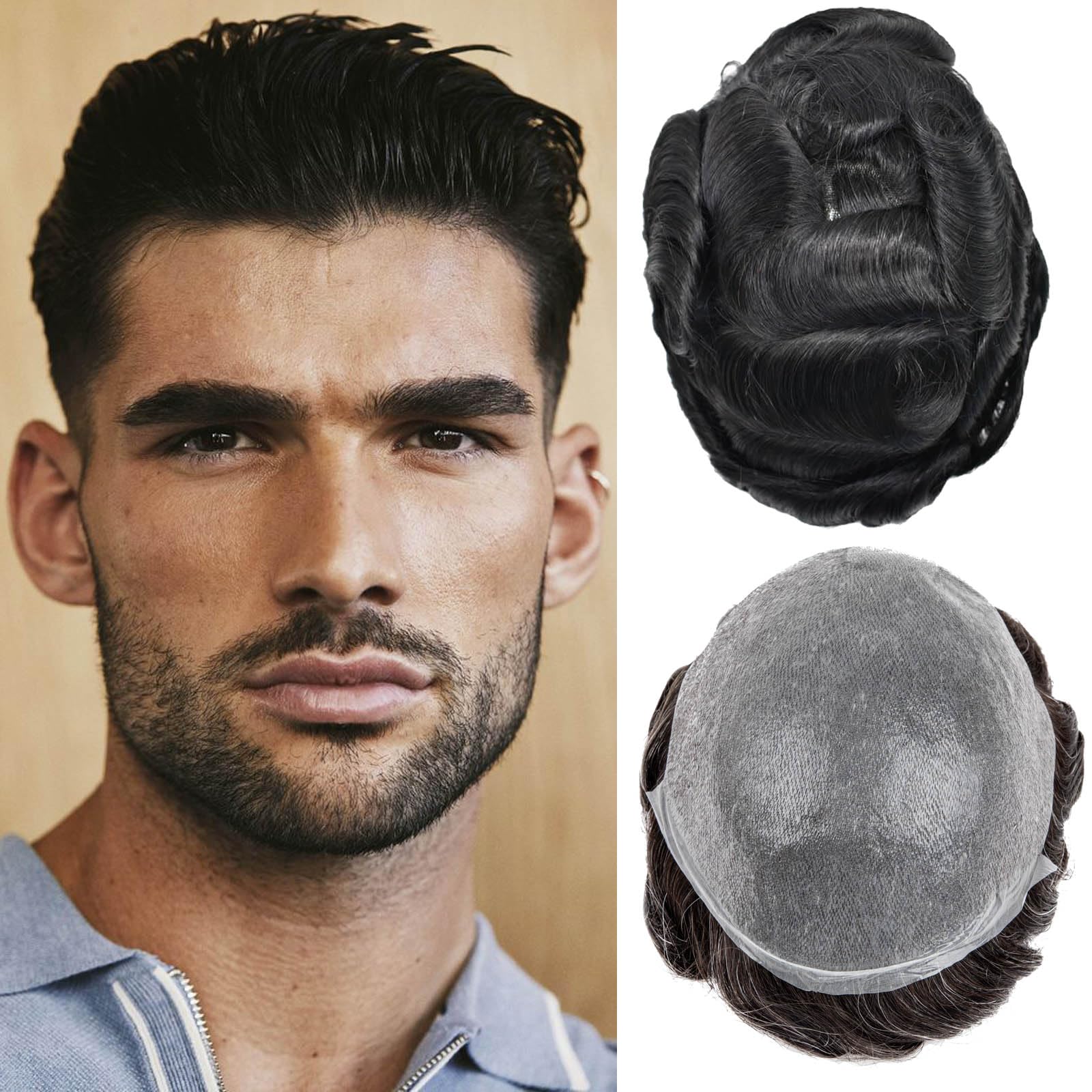 Men's Toupee Real Hair Ultra-Thin 0.03mm Skin Toupee for Men Light Medium Density Hairpiece Base Size 8x10 Inch 100% Human Hair System for Men（#1） — image 1