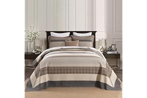 SahSahCasa 120"x120" 100% Cotton Oversized California King Bedspread Coverlet Quilt Set, Cal King Quilted Striped Bedspread Extra Large Quilt, XL Bed Spread Lightweight Comforter,Charcoal/Beige/Brown