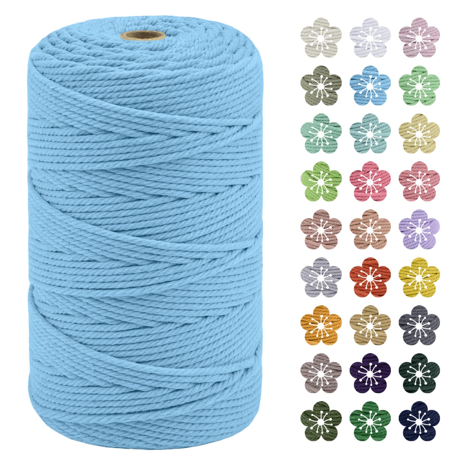 LEREATI Macrame Cord 3mm x 200m, Thick Macrame Rope Natural Cotton Rope Craft String, 4 Strand Twisted Cotton Cord Yarn for DIY Plant Hanger, Wall Hanging, Christmas Decoration (Sky blue)