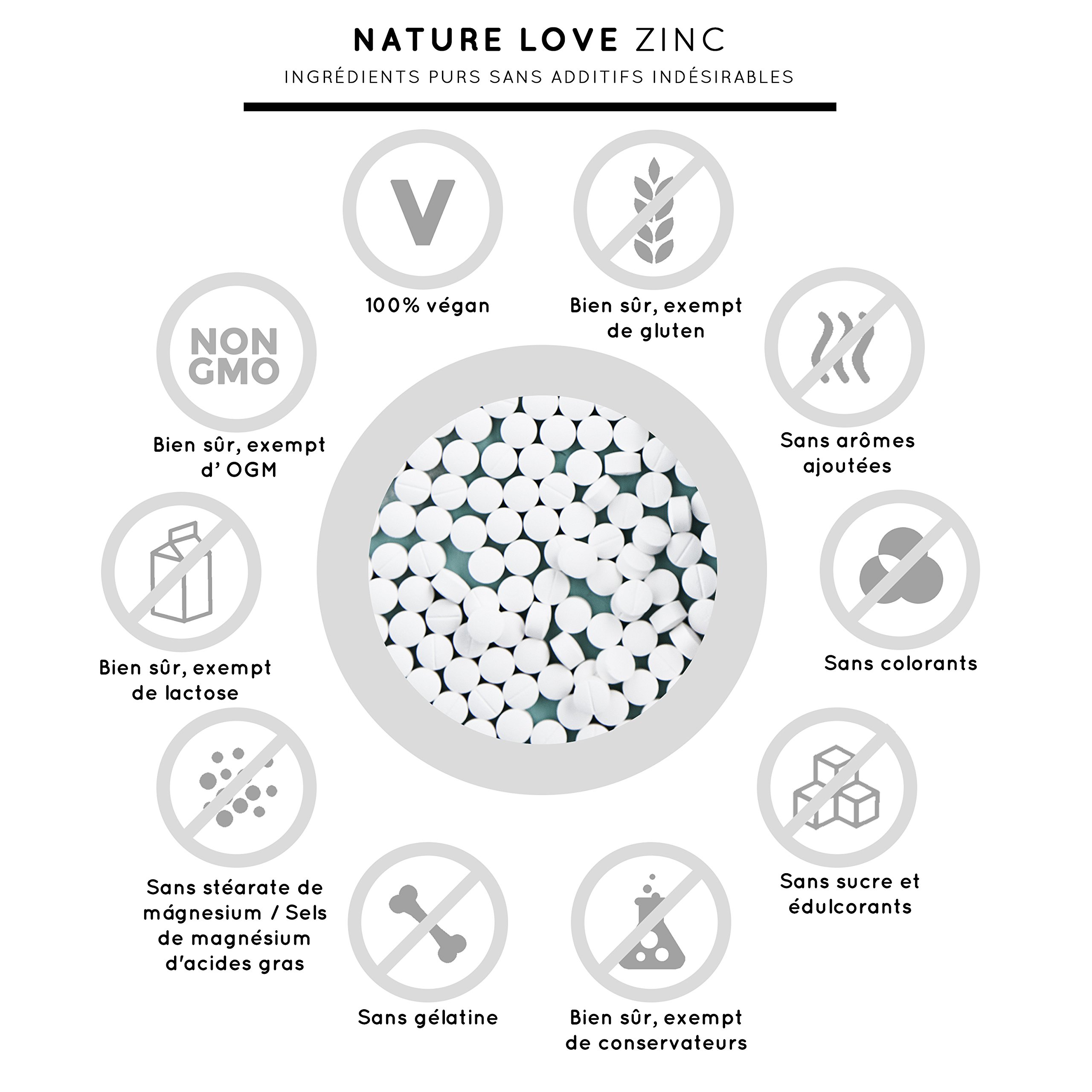 365 comprimés de zinc. Biodisponibiité élevée du bisglycinate de zinc (chélaté de zinc). Testé en laboratoire. Sans d’additifs alimentaires indésirables. Dosage élevé, végétalien, fabriqué en Allemagne. Complément alimentaire de nature love