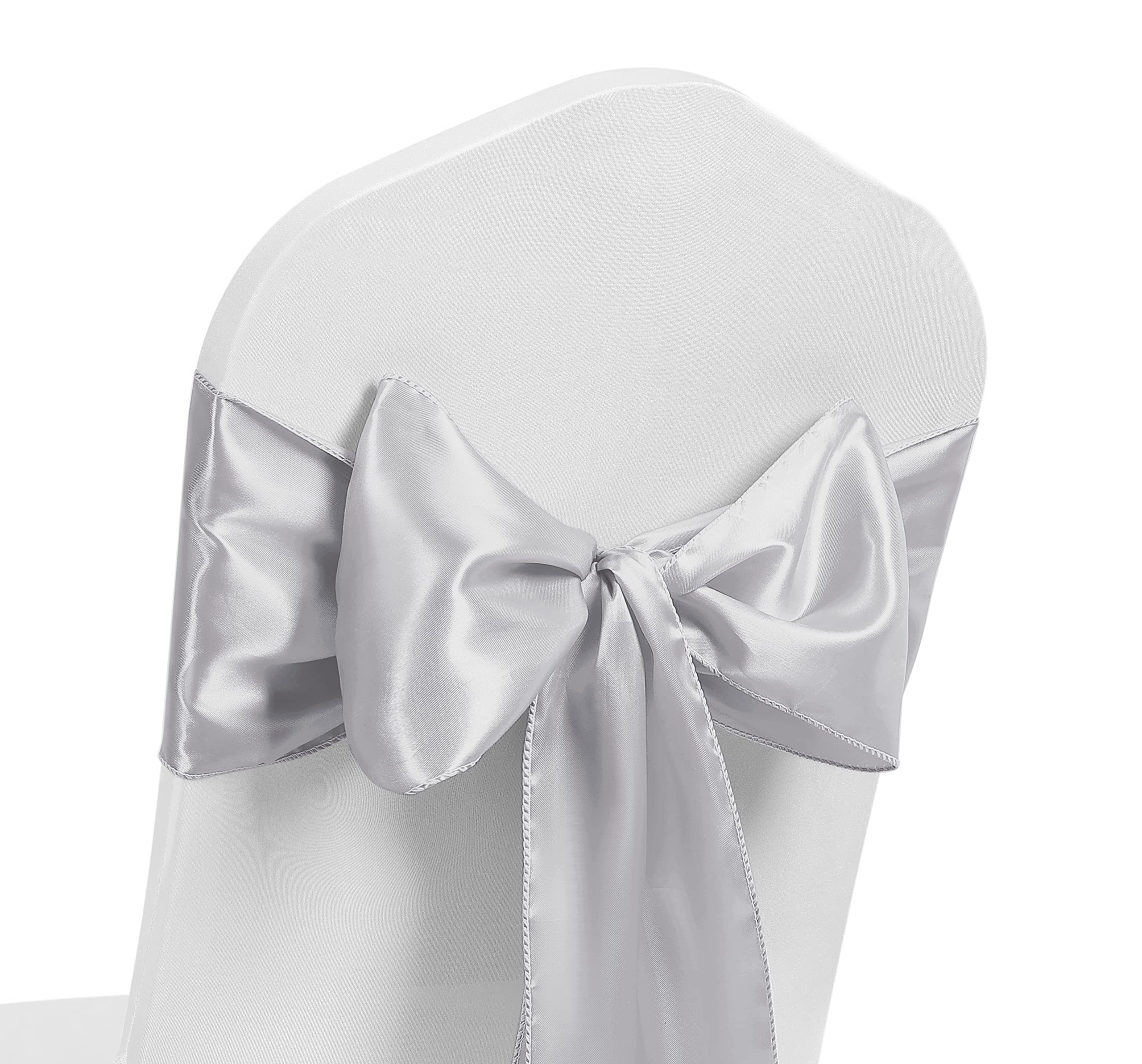 Satin Chair Sash WIDER FULLER BOWS Chair Sashes Bow Back Tie Ribbon Wedding Banquet Decoration (Silver, 50)