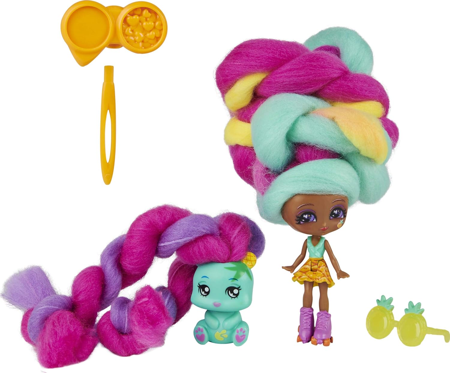 Candylocks 2-Pack, Mina Colada 7.5-cm Scented Collectible Doll and Pet with Accessories, Grey