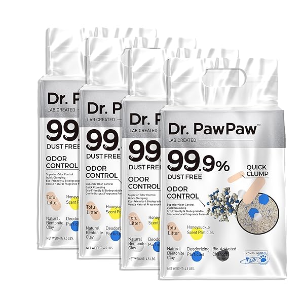 TOFU CAT LITTER, DR. PAWPAW CLUMPING CAT LITTER, HONEYSUCKLE SCENT 18 LB, DUST-FREE KEEP KITTY TIDY, SUPERIOR ODOR CONTROL KEEP STEP FRESH